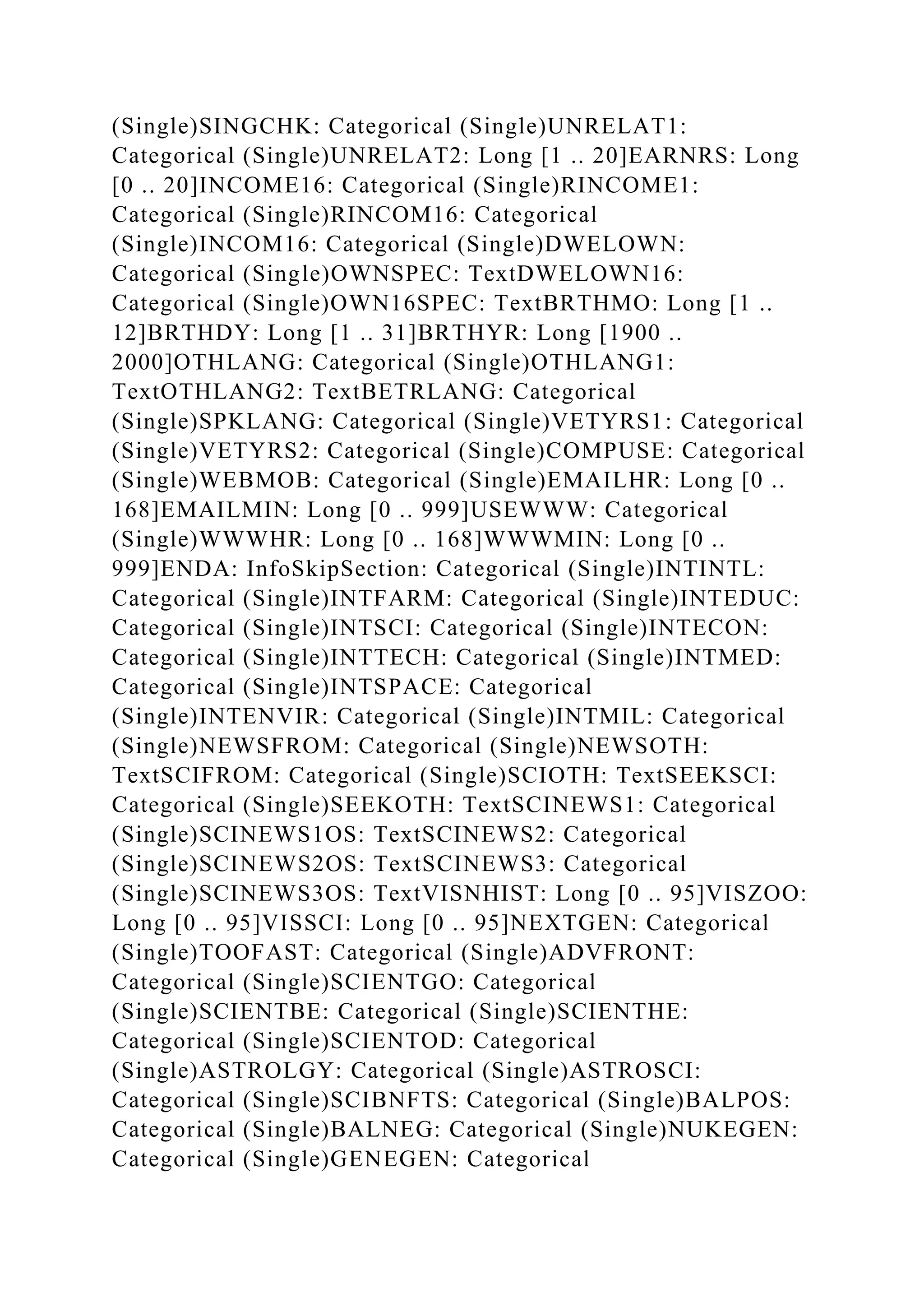 (Single)SINGCHK: Categorical (Single)UNRELAT1:
Categorical (Single)UNRELAT2: Long [1 .. 20]EARNRS: Long
[0 .. 20]INCOME16: Categorical (Single)RINCOME1:
Categorical (Single)RINCOM16: Categorical
(Single)INCOM16: Categorical (Single)DWELOWN:
Categorical (Single)OWNSPEC: TextDWELOWN16:
Categorical (Single)OWN16SPEC: TextBRTHMO: Long [1 ..
12]BRTHDY: Long [1 .. 31]BRTHYR: Long [1900 ..
2000]OTHLANG: Categorical (Single)OTHLANG1:
TextOTHLANG2: TextBETRLANG: Categorical
(Single)SPKLANG: Categorical (Single)VETYRS1: Categorical
(Single)VETYRS2: Categorical (Single)COMPUSE: Categorical
(Single)WEBMOB: Categorical (Single)EMAILHR: Long [0 ..
168]EMAILMIN: Long [0 .. 999]USEWWW: Categorical
(Single)WWWHR: Long [0 .. 168]WWWMIN: Long [0 ..
999]ENDA: InfoSkipSection: Categorical (Single)INTINTL:
Categorical (Single)INTFARM: Categorical (Single)INTEDUC:
Categorical (Single)INTSCI: Categorical (Single)INTECON:
Categorical (Single)INTTECH: Categorical (Single)INTMED:
Categorical (Single)INTSPACE: Categorical
(Single)INTENVIR: Categorical (Single)INTMIL: Categorical
(Single)NEWSFROM: Categorical (Single)NEWSOTH:
TextSCIFROM: Categorical (Single)SCIOTH: TextSEEKSCI:
Categorical (Single)SEEKOTH: TextSCINEWS1: Categorical
(Single)SCINEWS1OS: TextSCINEWS2: Categorical
(Single)SCINEWS2OS: TextSCINEWS3: Categorical
(Single)SCINEWS3OS: TextVISNHIST: Long [0 .. 95]VISZOO:
Long [0 .. 95]VISSCI: Long [0 .. 95]NEXTGEN: Categorical
(Single)TOOFAST: Categorical (Single)ADVFRONT:
Categorical (Single)SCIENTGO: Categorical
(Single)SCIENTBE: Categorical (Single)SCIENTHE:
Categorical (Single)SCIENTOD: Categorical
(Single)ASTROLGY: Categorical (Single)ASTROSCI:
Categorical (Single)SCIBNFTS: Categorical (Single)BALPOS:
Categorical (Single)BALNEG: Categorical (Single)NUKEGEN:
Categorical (Single)GENEGEN: Categorical
 