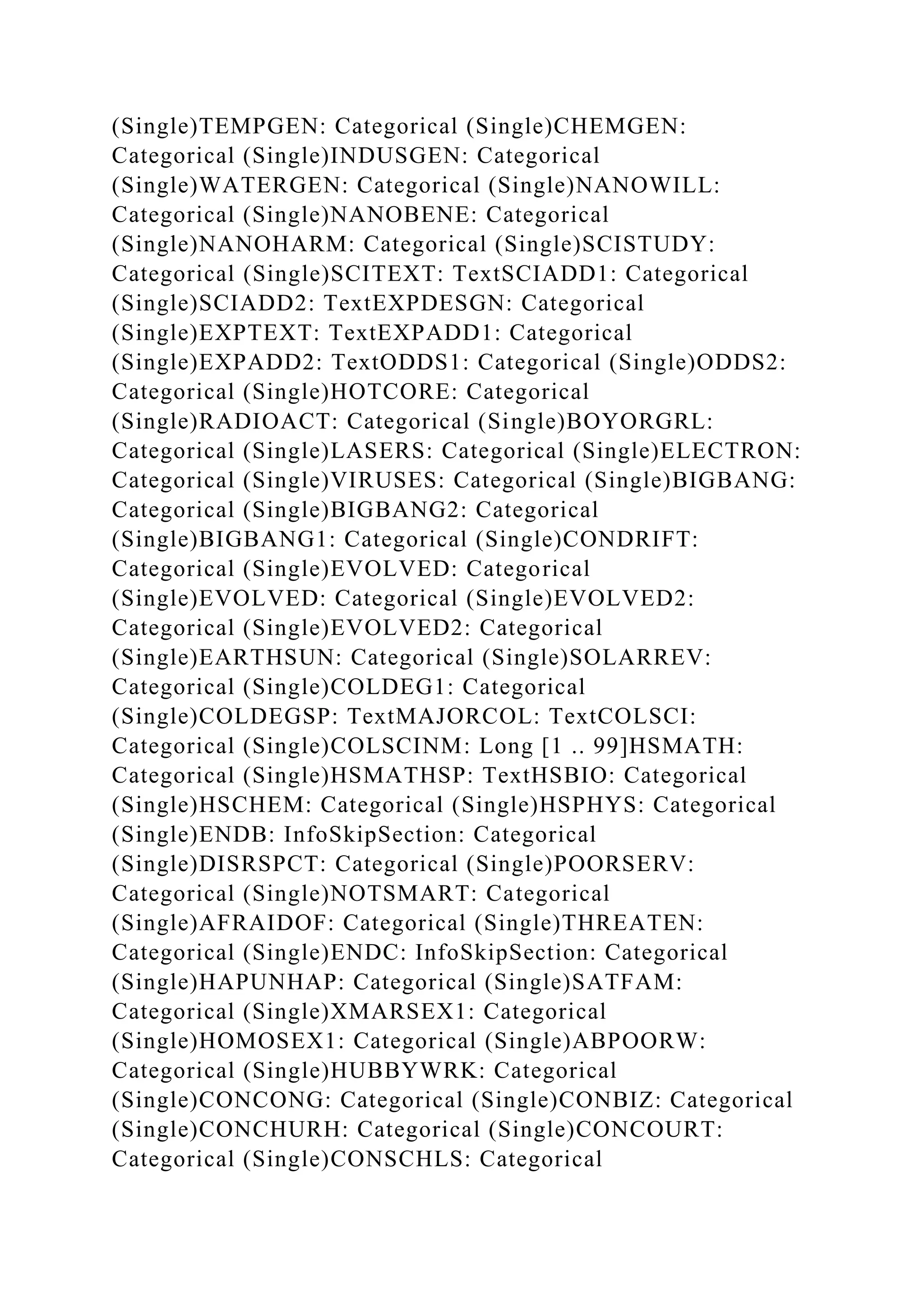(Single)TEMPGEN: Categorical (Single)CHEMGEN:
Categorical (Single)INDUSGEN: Categorical
(Single)WATERGEN: Categorical (Single)NANOWILL:
Categorical (Single)NANOBENE: Categorical
(Single)NANOHARM: Categorical (Single)SCISTUDY:
Categorical (Single)SCITEXT: TextSCIADD1: Categorical
(Single)SCIADD2: TextEXPDESGN: Categorical
(Single)EXPTEXT: TextEXPADD1: Categorical
(Single)EXPADD2: TextODDS1: Categorical (Single)ODDS2:
Categorical (Single)HOTCORE: Categorical
(Single)RADIOACT: Categorical (Single)BOYORGRL:
Categorical (Single)LASERS: Categorical (Single)ELECTRON:
Categorical (Single)VIRUSES: Categorical (Single)BIGBANG:
Categorical (Single)BIGBANG2: Categorical
(Single)BIGBANG1: Categorical (Single)CONDRIFT:
Categorical (Single)EVOLVED: Categorical
(Single)EVOLVED: Categorical (Single)EVOLVED2:
Categorical (Single)EVOLVED2: Categorical
(Single)EARTHSUN: Categorical (Single)SOLARREV:
Categorical (Single)COLDEG1: Categorical
(Single)COLDEGSP: TextMAJORCOL: TextCOLSCI:
Categorical (Single)COLSCINM: Long [1 .. 99]HSMATH:
Categorical (Single)HSMATHSP: TextHSBIO: Categorical
(Single)HSCHEM: Categorical (Single)HSPHYS: Categorical
(Single)ENDB: InfoSkipSection: Categorical
(Single)DISRSPCT: Categorical (Single)POORSERV:
Categorical (Single)NOTSMART: Categorical
(Single)AFRAIDOF: Categorical (Single)THREATEN:
Categorical (Single)ENDC: InfoSkipSection: Categorical
(Single)HAPUNHAP: Categorical (Single)SATFAM:
Categorical (Single)XMARSEX1: Categorical
(Single)HOMOSEX1: Categorical (Single)ABPOORW:
Categorical (Single)HUBBYWRK: Categorical
(Single)CONCONG: Categorical (Single)CONBIZ: Categorical
(Single)CONCHURH: Categorical (Single)CONCOURT:
Categorical (Single)CONSCHLS: Categorical
 