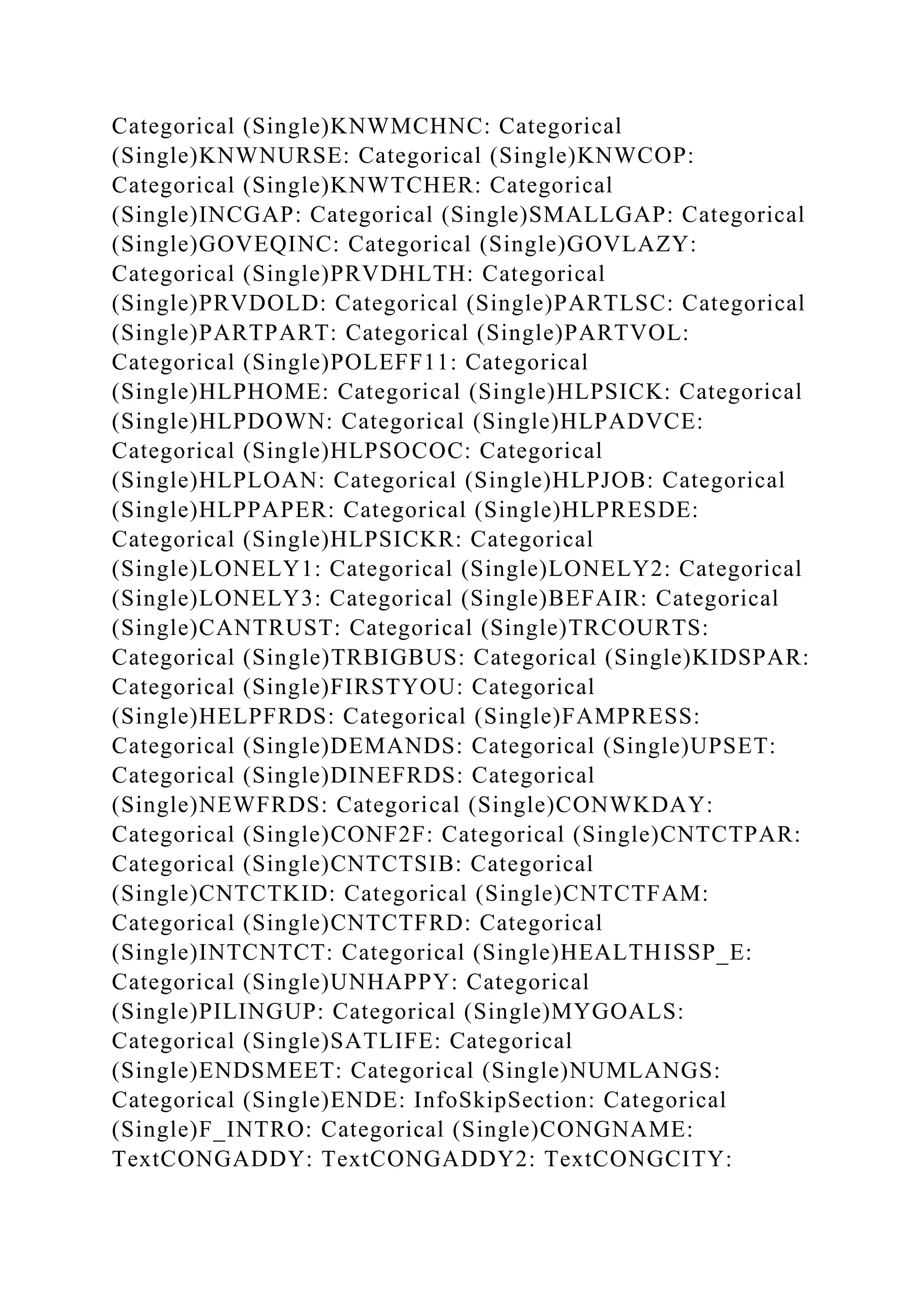 Categorical (Single)KNWMCHNC: Categorical
(Single)KNWNURSE: Categorical (Single)KNWCOP:
Categorical (Single)KNWTCHER: Categorical
(Single)INCGAP: Categorical (Single)SMALLGAP: Categorical
(Single)GOVEQINC: Categorical (Single)GOVLAZY:
Categorical (Single)PRVDHLTH: Categorical
(Single)PRVDOLD: Categorical (Single)PARTLSC: Categorical
(Single)PARTPART: Categorical (Single)PARTVOL:
Categorical (Single)POLEFF11: Categorical
(Single)HLPHOME: Categorical (Single)HLPSICK: Categorical
(Single)HLPDOWN: Categorical (Single)HLPADVCE:
Categorical (Single)HLPSOCOC: Categorical
(Single)HLPLOAN: Categorical (Single)HLPJOB: Categorical
(Single)HLPPAPER: Categorical (Single)HLPRESDE:
Categorical (Single)HLPSICKR: Categorical
(Single)LONELY1: Categorical (Single)LONELY2: Categorical
(Single)LONELY3: Categorical (Single)BEFAIR: Categorical
(Single)CANTRUST: Categorical (Single)TRCOURTS:
Categorical (Single)TRBIGBUS: Categorical (Single)KIDSPAR:
Categorical (Single)FIRSTYOU: Categorical
(Single)HELPFRDS: Categorical (Single)FAMPRESS:
Categorical (Single)DEMANDS: Categorical (Single)UPSET:
Categorical (Single)DINEFRDS: Categorical
(Single)NEWFRDS: Categorical (Single)CONWKDAY:
Categorical (Single)CONF2F: Categorical (Single)CNTCTPAR:
Categorical (Single)CNTCTSIB: Categorical
(Single)CNTCTKID: Categorical (Single)CNTCTFAM:
Categorical (Single)CNTCTFRD: Categorical
(Single)INTCNTCT: Categorical (Single)HEALTHISSP_E:
Categorical (Single)UNHAPPY: Categorical
(Single)PILINGUP: Categorical (Single)MYGOALS:
Categorical (Single)SATLIFE: Categorical
(Single)ENDSMEET: Categorical (Single)NUMLANGS:
Categorical (Single)ENDE: InfoSkipSection: Categorical
(Single)F_INTRO: Categorical (Single)CONGNAME:
TextCONGADDY: TextCONGADDY2: TextCONGCITY:
 