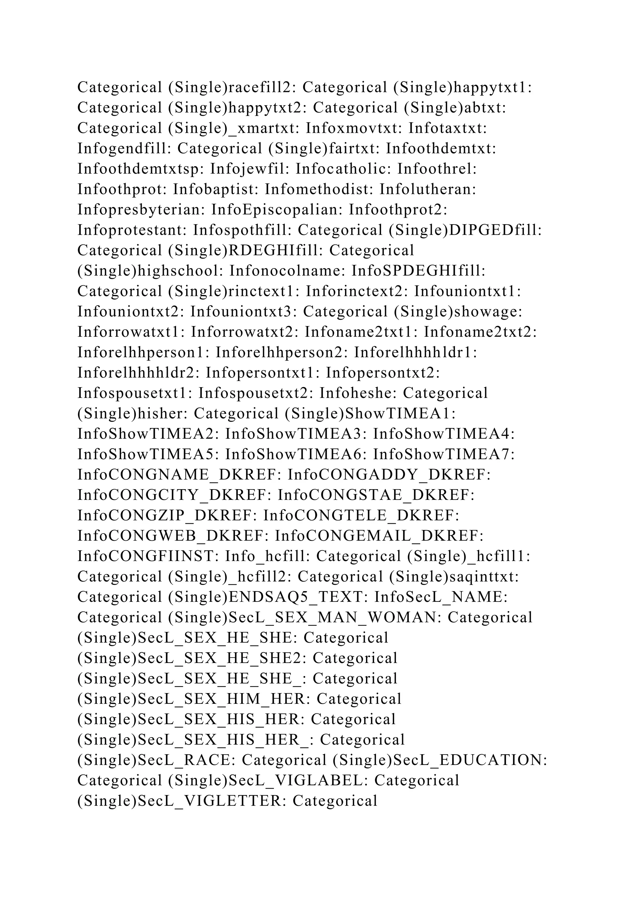 Categorical (Single)racefill2: Categorical (Single)happytxt1:
Categorical (Single)happytxt2: Categorical (Single)abtxt:
Categorical (Single)_xmartxt: Infoxmovtxt: Infotaxtxt:
Infogendfill: Categorical (Single)fairtxt: Infoothdemtxt:
Infoothdemtxtsp: Infojewfil: Infocatholic: Infoothrel:
Infoothprot: Infobaptist: Infomethodist: Infolutheran:
Infopresbyterian: InfoEpiscopalian: Infoothprot2:
Infoprotestant: Infospothfill: Categorical (Single)DIPGEDfill:
Categorical (Single)RDEGHIfill: Categorical
(Single)highschool: Infonocolname: InfoSPDEGHIfill:
Categorical (Single)rinctext1: Inforinctext2: Infouniontxt1:
Infouniontxt2: Infouniontxt3: Categorical (Single)showage:
Inforrowatxt1: Inforrowatxt2: Infoname2txt1: Infoname2txt2:
Inforelhhperson1: Inforelhhperson2: Inforelhhhhldr1:
Inforelhhhhldr2: Infopersontxt1: Infopersontxt2:
Infospousetxt1: Infospousetxt2: Infoheshe: Categorical
(Single)hisher: Categorical (Single)ShowTIMEA1:
InfoShowTIMEA2: InfoShowTIMEA3: InfoShowTIMEA4:
InfoShowTIMEA5: InfoShowTIMEA6: InfoShowTIMEA7:
InfoCONGNAME_DKREF: InfoCONGADDY_DKREF:
InfoCONGCITY_DKREF: InfoCONGSTAE_DKREF:
InfoCONGZIP_DKREF: InfoCONGTELE_DKREF:
InfoCONGWEB_DKREF: InfoCONGEMAIL_DKREF:
InfoCONGFIINST: Info_hcfill: Categorical (Single)_hcfill1:
Categorical (Single)_hcfill2: Categorical (Single)saqinttxt:
Categorical (Single)ENDSAQ5_TEXT: InfoSecL_NAME:
Categorical (Single)SecL_SEX_MAN_WOMAN: Categorical
(Single)SecL_SEX_HE_SHE: Categorical
(Single)SecL_SEX_HE_SHE2: Categorical
(Single)SecL_SEX_HE_SHE_: Categorical
(Single)SecL_SEX_HIM_HER: Categorical
(Single)SecL_SEX_HIS_HER: Categorical
(Single)SecL_SEX_HIS_HER_: Categorical
(Single)SecL_RACE: Categorical (Single)SecL_EDUCATION:
Categorical (Single)SecL_VIGLABEL: Categorical
(Single)SecL_VIGLETTER: Categorical
 