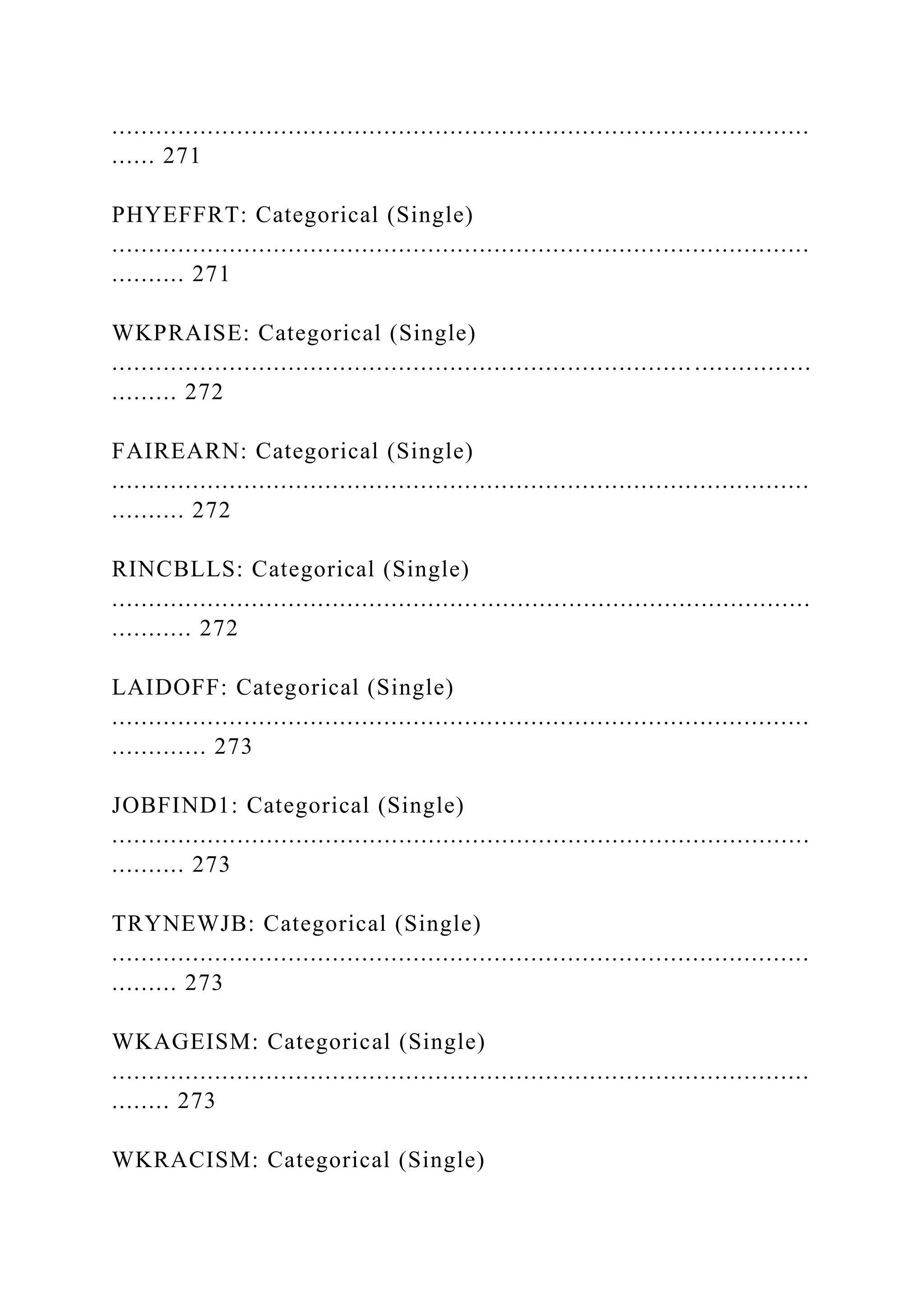 ...............................................................................................
...... 271
PHYEFFRT: Categorical (Single)
...............................................................................................
.......... 271
WKPRAISE: Categorical (Single)
............................................................................... ................
......... 272
FAIREARN: Categorical (Single)
...............................................................................................
.......... 272
RINCBLLS: Categorical (Single)
...............................................................................................
........... 272
LAIDOFF: Categorical (Single)
...............................................................................................
............. 273
JOBFIND1: Categorical (Single)
...............................................................................................
.......... 273
TRYNEWJB: Categorical (Single)
...............................................................................................
......... 273
WKAGEISM: Categorical (Single)
...............................................................................................
........ 273
WKRACISM: Categorical (Single)
 