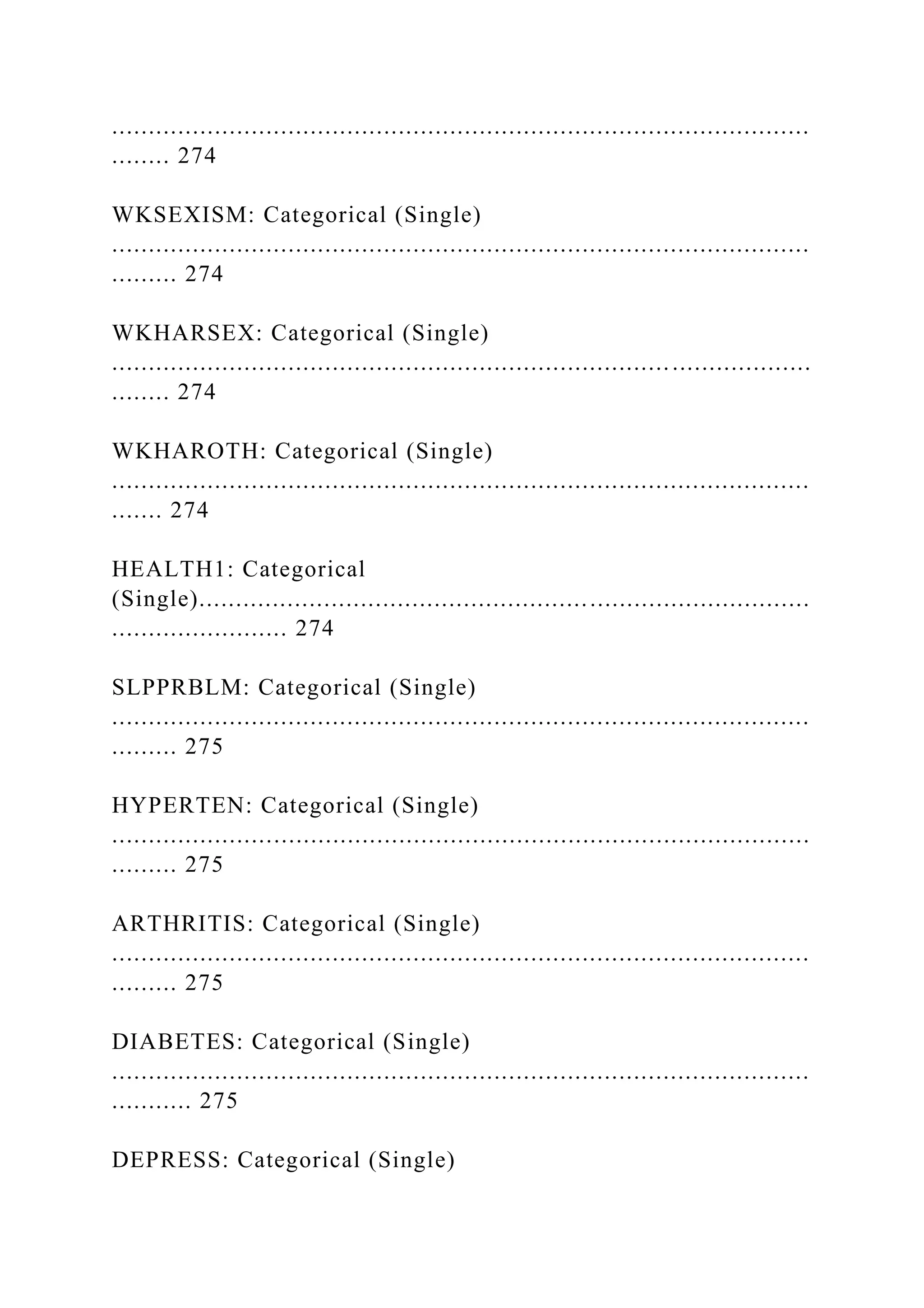 ...............................................................................................
........ 274
WKSEXISM: Categorical (Single)
...............................................................................................
......... 274
WKHARSEX: Categorical (Single)
...............................................................................................
........ 274
WKHAROTH: Categorical (Single)
...............................................................................................
....... 274
HEALTH1: Categorical
(Single)...................................................................................
........................ 274
SLPPRBLM: Categorical (Single)
...............................................................................................
......... 275
HYPERTEN: Categorical (Single)
...............................................................................................
......... 275
ARTHRITIS: Categorical (Single)
...............................................................................................
......... 275
DIABETES: Categorical (Single)
...............................................................................................
........... 275
DEPRESS: Categorical (Single)
 