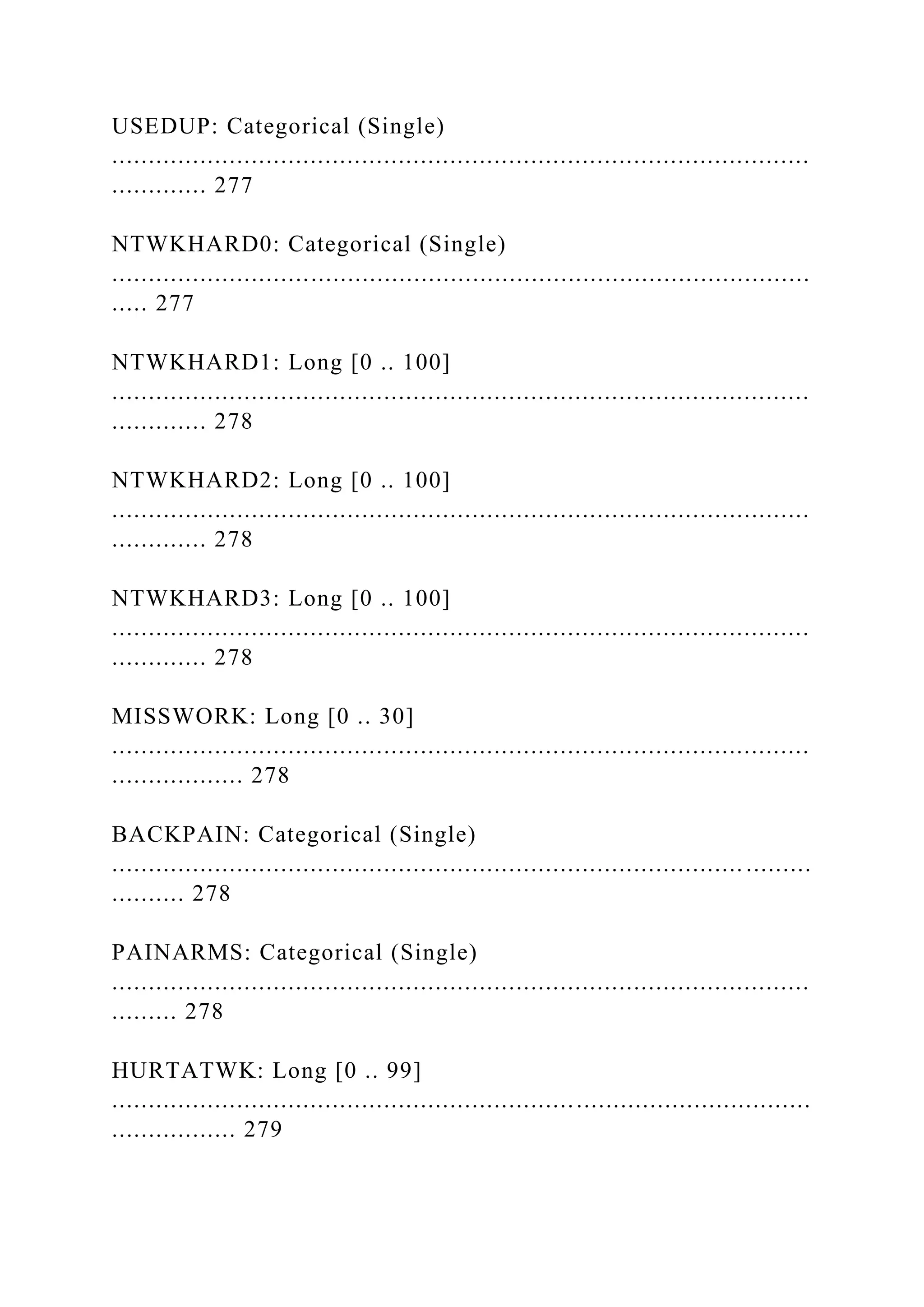 USEDUP: Categorical (Single)
...............................................................................................
............. 277
NTWKHARD0: Categorical (Single)
...............................................................................................
..... 277
NTWKHARD1: Long [0 .. 100]
...............................................................................................
............. 278
NTWKHARD2: Long [0 .. 100]
...............................................................................................
............. 278
NTWKHARD3: Long [0 .. 100]
...............................................................................................
............. 278
MISSWORK: Long [0 .. 30]
...............................................................................................
.................. 278
BACKPAIN: Categorical (Single)
...................................................................................... .........
.......... 278
PAINARMS: Categorical (Single)
...............................................................................................
......... 278
HURTATWK: Long [0 .. 99]
...............................................................................................
................. 279
 