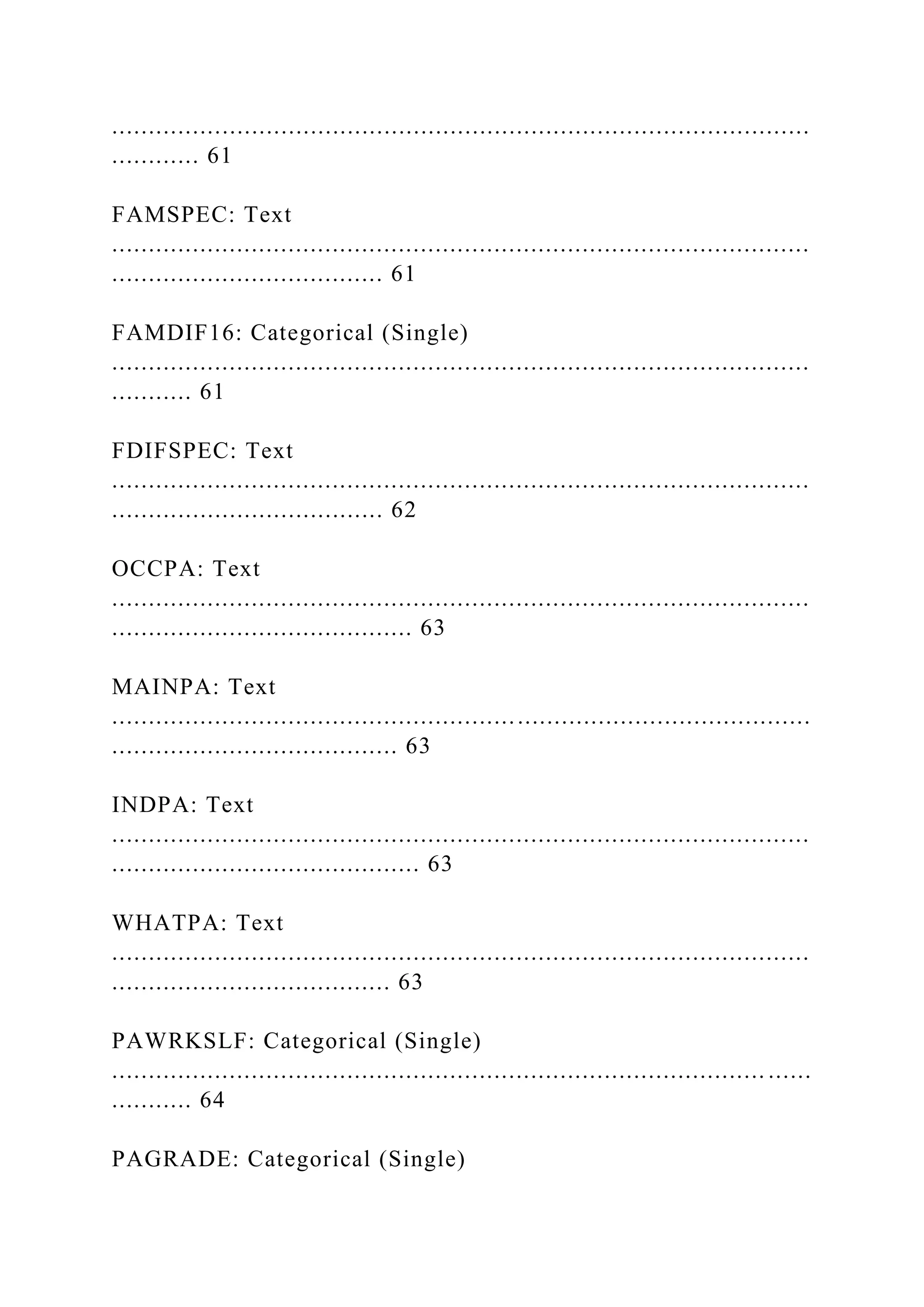 ...............................................................................................
............ 61
FAMSPEC: Text
...............................................................................................
..................................... 61
FAMDIF16: Categorical (Single)
...............................................................................................
........... 61
FDIFSPEC: Text
...............................................................................................
..................................... 62
OCCPA: Text
...............................................................................................
......................................... 63
MAINPA: Text
...............................................................................................
....................................... 63
INDPA: Text
...............................................................................................
.......................................... 63
WHATPA: Text
...............................................................................................
...................................... 63
PAWRKSLF: Categorical (Single)
......................................................................................... ......
........... 64
PAGRADE: Categorical (Single)
 