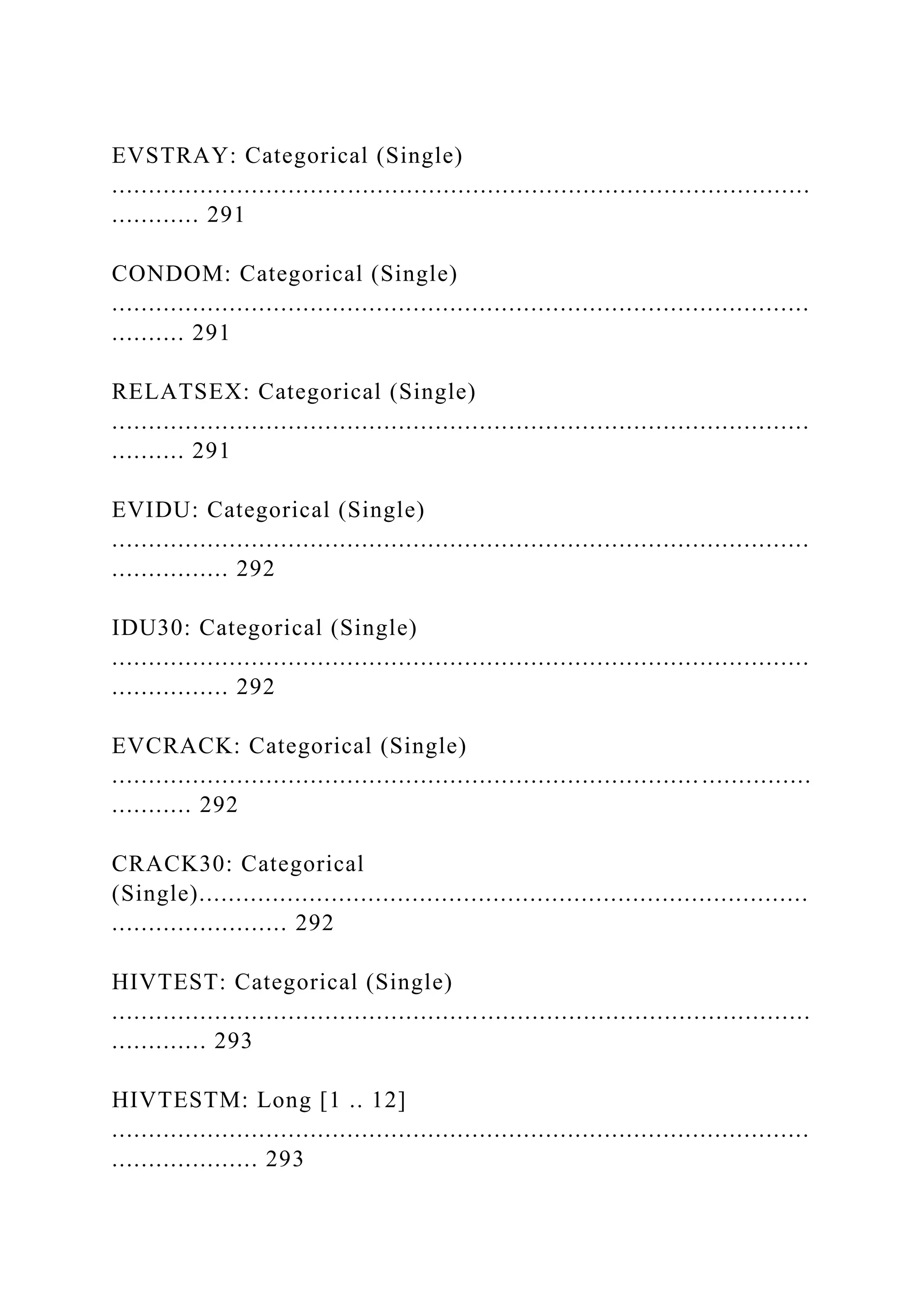 EVSTRAY: Categorical (Single)
...............................................................................................
............ 291
CONDOM: Categorical (Single)
...............................................................................................
.......... 291
RELATSEX: Categorical (Single)
...............................................................................................
.......... 291
EVIDU: Categorical (Single)
...............................................................................................
................ 292
IDU30: Categorical (Single)
...............................................................................................
................ 292
EVCRACK: Categorical (Single)
................................................................................ ...............
........... 292
CRACK30: Categorical
(Single)...................................................................................
........................ 292
HIVTEST: Categorical (Single)
...............................................................................................
............. 293
HIVTESTM: Long [1 .. 12]
...............................................................................................
.................... 293
 