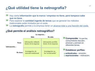 27
¿Qué utilidad tiene la netnografía?
¿Qué permite el análisis netnográfico?
» Hay cierta información que la marca / empresa no tiene, pero tampoco sabe
que no tiene.
» Para explorar la cantidad ingente de temas que se generan los métodos
tradicionales están limitados por el coste.
» La netnografía permite a la empresa tener un alcance total a una fracción del coste.
»Comprender lo que los
consumidores discuten,
priorizan y piensan en
diferentes temas.
»Establecer perfiles:
 actitudinales – emoción;
 aspiracionales – motivación;
 