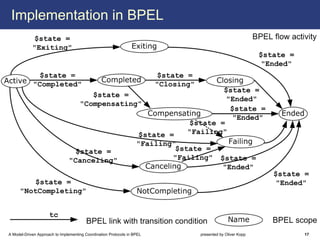 Implementation in BPEL




A Model-Driven Approach to Implementing Coordination Protocols in BPEL   presented by Oliver Kopp   17
 