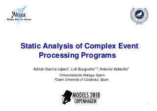 Static Analysis of Complex Event
Processing Programs
Adrián García-López1, Loli Burgueño1,2, Antonio Vallecillo1
1Universidad de Malaga, Spain
2Open University of Catalonia, Spain
1
 