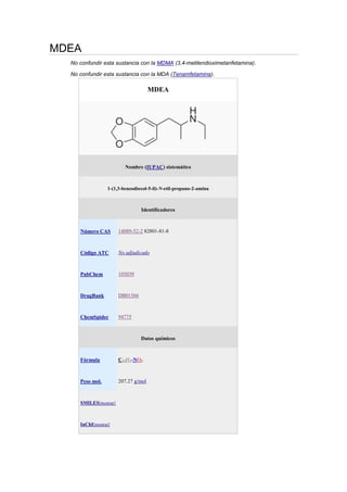 MDEA
No confundir esta sustancia con la MDMA (3,4-metilendioximetanfetamina).
No confundir esta sustancia con la MDA (Tenamfetamina).

MDEA

Nombre (IUPAC) sistemático

1-(1,3-benzodioxol-5-il)-N-etil-propano-2-amina

Identificadores

Número CAS

14089-52-2 82801-81-8

Código ATC

No adjudicado

PubChem

105039

DrugBank

DB01566

ChemSpider

94775

Datos químicos

Fórmula

C12H17NO2

Peso mol.

207.27 g/mol

SMILES[mostrar]

InChI[mostrar]

 