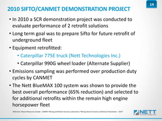 14
2010 SIFTO/CANMET DEMONSTRATION PROJECT
• In 2010 a SCR demonstration project was conducted to
evaluate performance of 2 retrofit solutions
• Long term goal was to prepare Sifto for future retrofit of
underground fleet
• Equipment retrofitted:
• Caterpillar 775E truck (Nett Technologies Inc.)
• Caterpillar 990G wheel loader (Alternate Supplier)
• Emissions sampling was performed over production duty
cycles by CANMET
• The Nett BlueMAX 100 system was shown to provide the
best overall performance (65% reduction) and selected to
for additional retrofits within the remain high engine
horsepower fleet
Reference: Natural Resources Canada – CANMET Mining and Mineral Sciences Laboratories “Mining Diesel Emissions Conference Presentation – 2010”
 