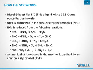 9
HOW THE SCR WORKS
• Diesel Exhaust Fluid (DEF) is a liquid with a 32.5% urea
concentration in water
• Urea is hydrolyzed in the exhaust creating ammonia (NH3)
• NOx is reduced from the following reactions:
• 6NO + 4NH3 → 5N2 + 6H2O
• 4NO + 4NH3 + O2 → 4N2 + 6H2O
• 6NO2 + 8NH3 → 7N2 + 12H2O
• 2NO2 + 4NH3 + O2 → 3N2 + 6H2O
• NO + NO2 + 2NH3 → 2N2 + 3H2O
• Ammonia that is not used in the reaction is oxidized by an
ammonia slip catalyst (ASC)
 