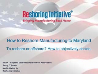 MEDA - Maryland Economic Development Association 
Sandy D’Amico 
Media Advisor to 
Reshoring Initiative 
 