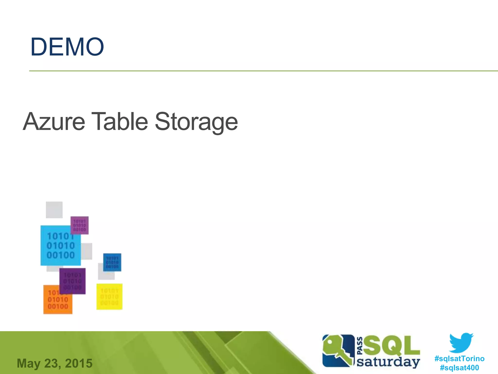 #sqlsatTorino
#sqlsat400May 23, 2015
DEMO
Azure Table Storage
 