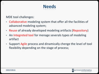 MDE tool challenges:
• Collaborative modeling system that offer all the facilities of
advanced modeling system;
• Reuse of already developed modeling artifacts (Repository)
• An Integreted tool for menage severals types of modeling
artifact
• Support Agile process and dinamically chenge the level of tool
flexibility depending on the stage of process;
MDEFORGE
3
 