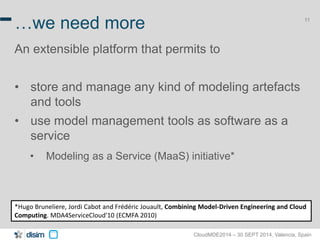 11 …we need more 
An extensible platform that permits to 
• store and manage any kind of modeling artefacts 
CloudMDE2014 – 30 SEPT 2014, Valencia, Spain 
and tools 
• use model management tools as software as a 
service 
• Modeling as a Service (MaaS) initiative* 
*Hugo Bruneliere, Jordi Cabot and Frédéric Jouault, Combining Model-Driven Engineering and Cloud 
Computing. MDA4ServiceCloud'10 (ECMFA 2010) 
 