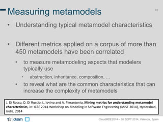 22 Measuring metamodels 
• Understanding typical metamodel characteristics 
• Different metrics applied on a corpus of more than 
450 metamodels have been correlated 
• to measure metamodeling aspects that modelers 
typically use 
• abstraction, inheritance, composition, … 
• to reveal what are the common characteristics that can 
increase the complexity of metamodels 
J. Di Rocco, D. Di Ruscio, L. Iovino and A. Pierantonio, Mining metrics for understanding metamodel 
characteristics, in: ICSE 2014 Workshop on Modeling in Software Engineering (MiSE 2014), Hyderabad, 
India, 2014 
CloudMDE2014 – 30 SEPT 2014, Valencia, Spain 
 