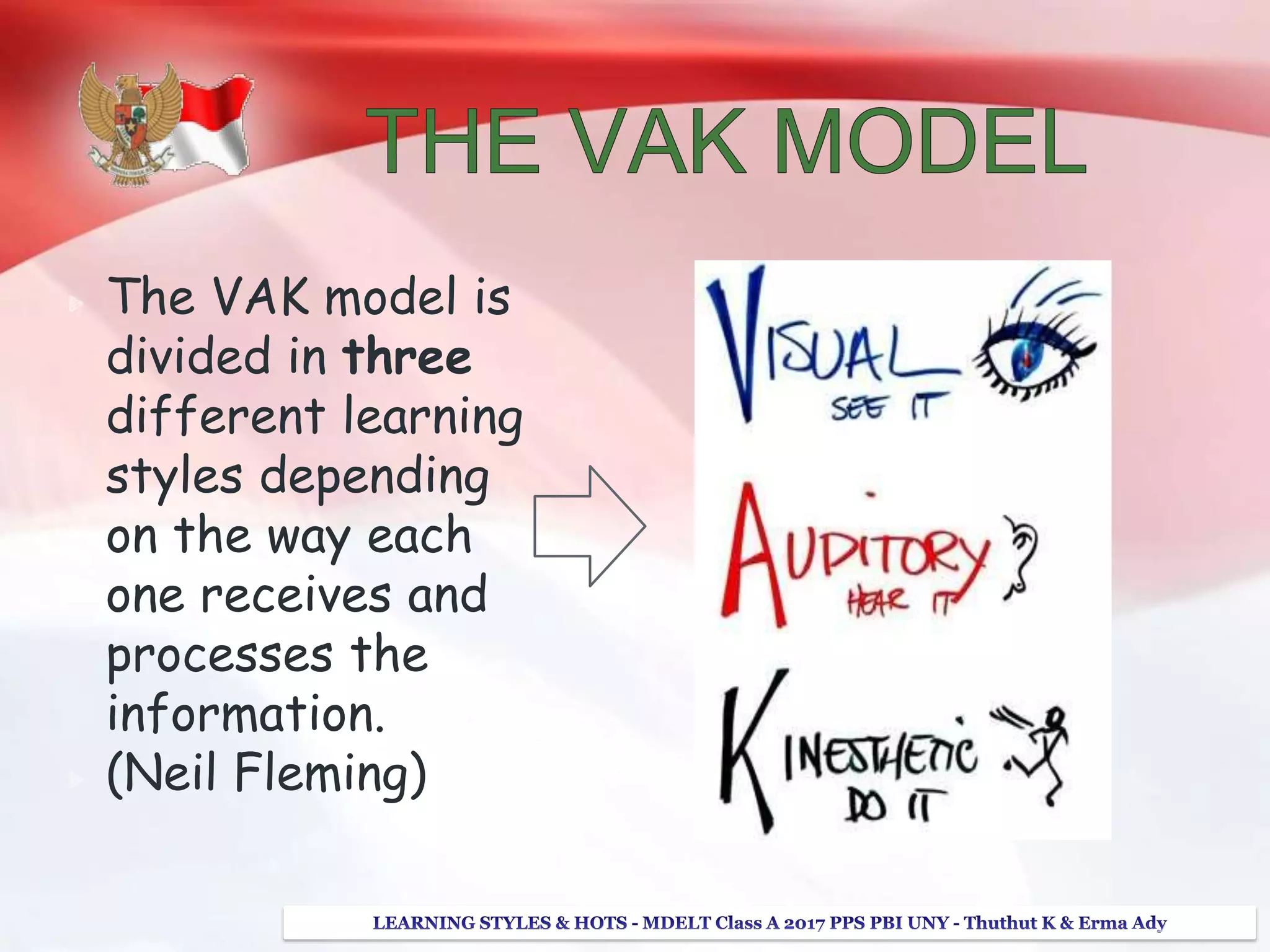 The VAK model is
divided in three
different learning
styles depending
on the way each
one receives and
processes the
information.
(Neil Fleming)
 