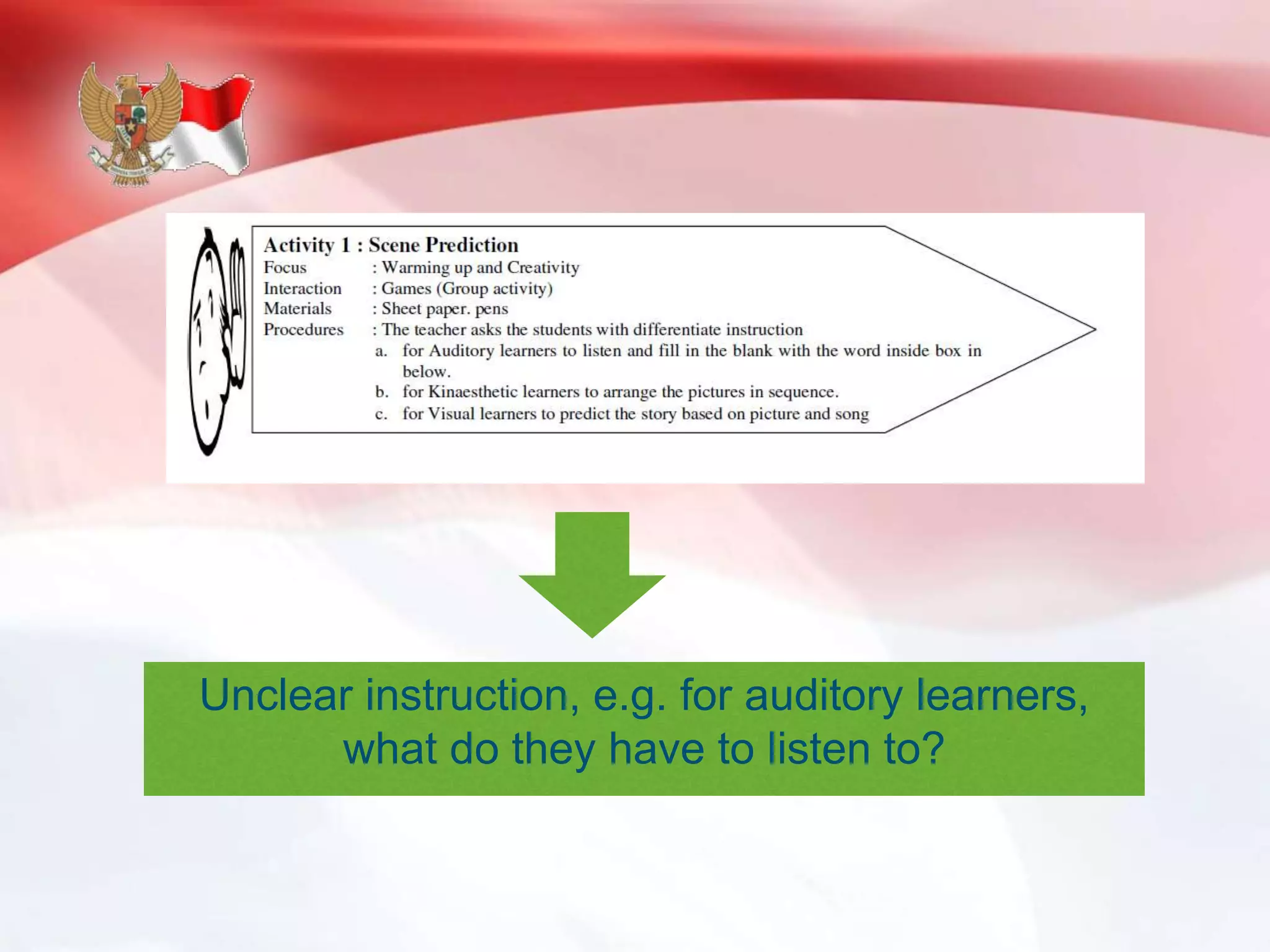 Unclear instruction, e.g. for auditory learners,
what do they have to listen to?
 