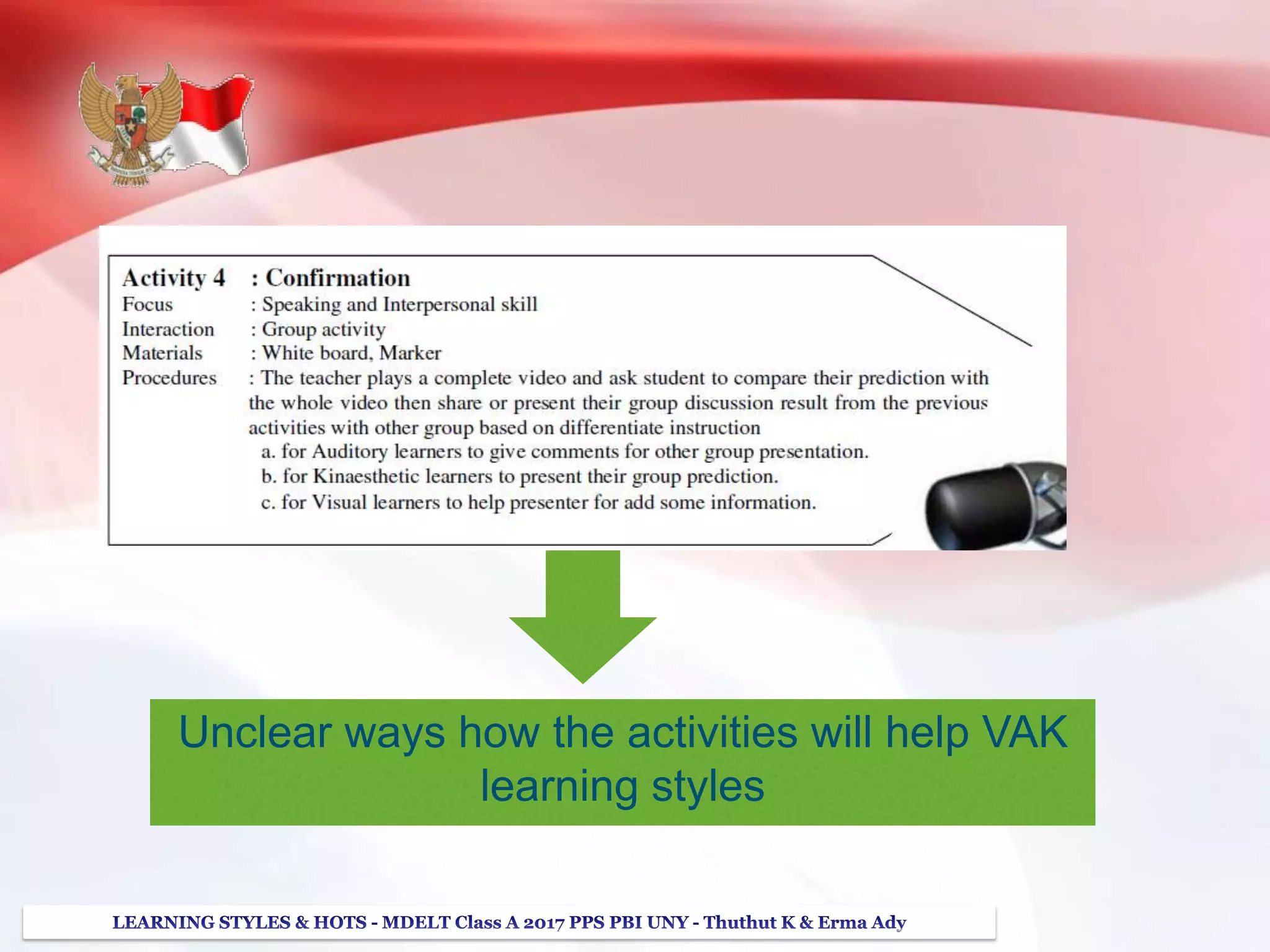 Unclear ways how the activities will help VAK
learning styles
 