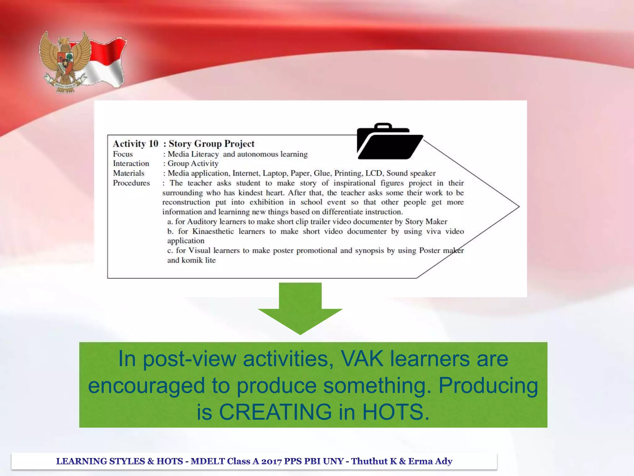 In post-view activities, VAK learners are
encouraged to produce something. Producing
is CREATING in HOTS.
 