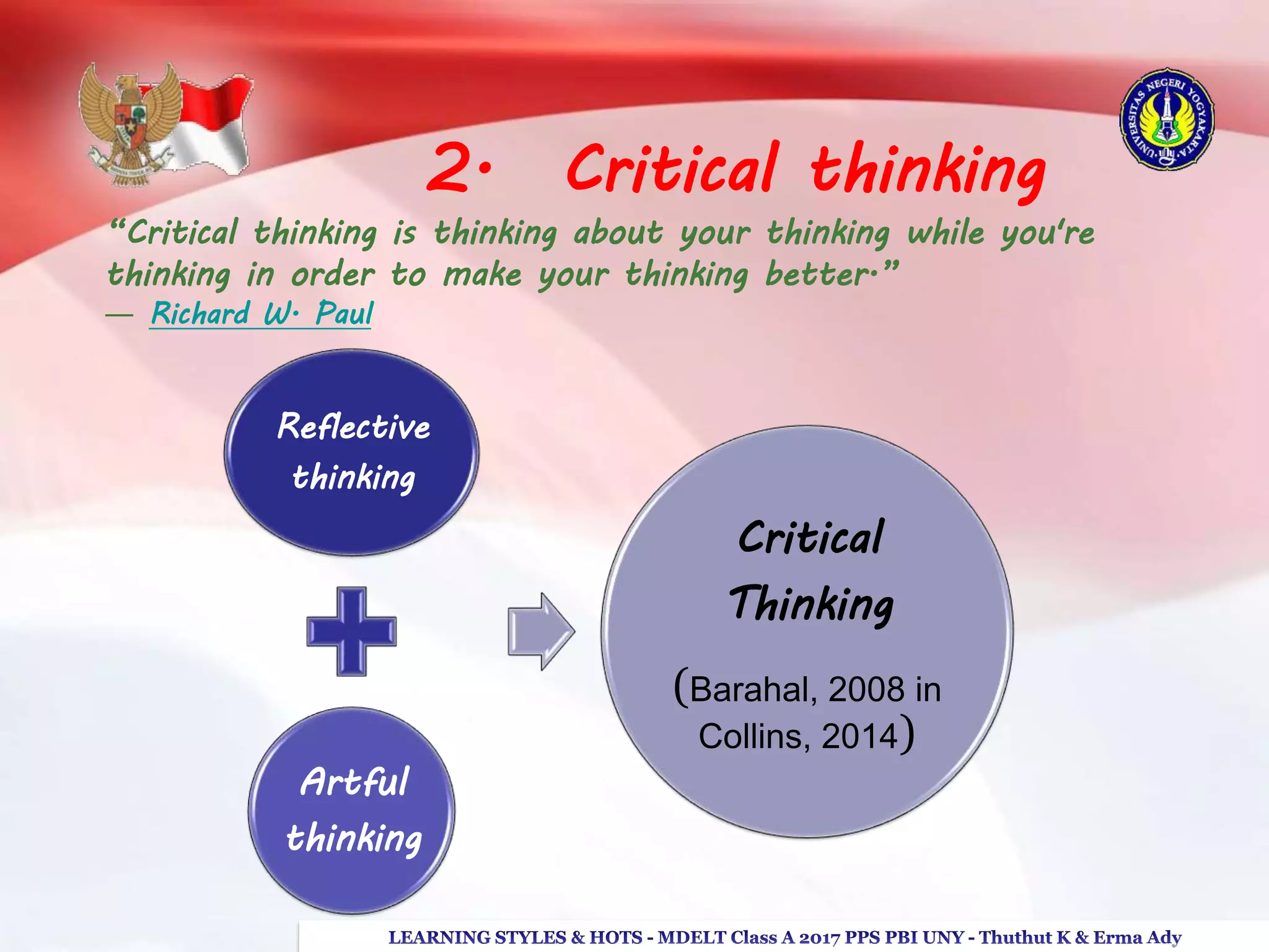 2. Critical thinking
“Critical thinking is thinking about your thinking while you're
thinking in order to make your thinking better.”
― Richard W. Paul
Reflective
thinking
Artful
thinking
Critical
Thinking
(Barahal, 2008 in
Collins, 2014)
 