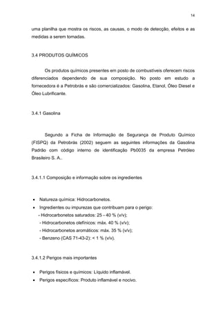 14
uma planilha que mostra os riscos, as causas, o modo de detecção, efeitos e as
medidas a serem tomadas.
3.4 PRODUTOS QUÍMICOS
Os produtos químicos presentes em posto de combustíveis oferecem riscos
diferenciados dependendo de sua composição. No posto em estudo a
fornecedora é a Petrobrás e são comercializados: Gasolina, Etanol, Óleo Diesel e
Óleo Lubrificante.
3.4.1 Gasolina
Segundo a Ficha de Informação de Segurança de Produto Químico
(FISPQ) da Petrobrás (2002) seguem as seguintes informações da Gasolina
Padrão com código interno de identificação Pb0035 da empresa Petróleo
Brasileiro S. A..
3.4.1.1 Composição e informação sobre os ingredientes
 Natureza química: Hidrocarbonetos.
 Ingredientes ou impurezas que contribuam para o perigo:
- Hidrocarbonetos saturados: 25 - 40 % (v/v);
- Hidrocarbonetos olefínicos: máx. 40 % (v/v);
- Hidrocarbonetos aromáticos: máx. 35 % (v/v);
- Benzeno (CAS 71-43-2): < 1 % (v/v).
3.4.1.2 Perigos mais importantes
 Perigos físicos e químicos: Líquido inflamável.
 Perigos específicos: Produto inflamável e nocivo.
 