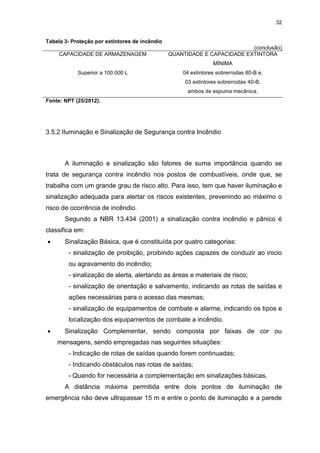 32
Tabela 3- Proteção por extintores de incêndio
(conclusão)
CAPACIDADE DE ARMAZENAGEM QUANTIDADE E CAPACIDADE EXTINTORA
MÍNIMA
Superior a 100.000 L 04 extintores sobrerrodas 80-B e,
03 extintores sobrerrodas 40-B,
ambos de espuma mecânica.
Fonte: NPT (25/2012).
3.5.2 Iluminação e Sinalização de Segurança contra Incêndio
A iluminação e sinalização são fatores de suma importância quando se
trata de segurança contra incêndio nos postos de combustíveis, onde que, se
trabalha com um grande grau de risco alto. Para isso, tem que haver iluminação e
sinalização adequada para alertar os riscos existentes, prevenindo ao máximo o
risco de ocorrência de incêndio.
Segundo a NBR 13.434 (2001) a sinalização contra incêndio e pânico é
classifica em:
 Sinalização Básica, que é constituída por quatro categorias:
- sinalização de proibição, proibindo ações capazes de conduzir ao inicio
ou agravamento do incêndio;
- sinalização de alerta, alertando as áreas e materiais de risco;
- sinalização de orientação e salvamento, indicando as rotas de saídas e
ações necessárias para o acesso das mesmas;
- sinalização de equipamentos de combate e alarme, indicando os tipos e
localização dos equipamentos de combate a incêndio.
 Sinalização Complementar, sendo composta por faixas de cor ou
mensagens, sendo empregadas nas seguintes situações:
- Indicação de rotas de saídas quando forem continuadas;
- Indicando obstáculos nas rotas de saídas;
- Quando for necessária a complementação em sinalizações básicas.
A distância máxima permitida entre dois pontos de iluminação de
emergência não deve ultrapassar 15 m e entre o ponto de iluminação e a parede
 