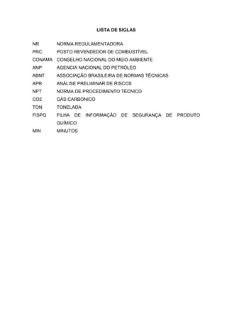 LISTA DE SIGLAS
NR NORMA REGULAMENTADORA
PRC POSTO REVENDEDOR DE COMBUSTÍVEL
CONAMA CONSELHO NACIONAL DO MEIO AMBIENTE
ANP AGENCIA NACIONAL DO PETRÓLEO
ABNT ASSOCIAÇÃO BRASILEIRA DE NORMAS TÉCNICAS
APR ANÁLISE PRELIMINAR DE RISCOS
NPT NORMA DE PROCEDIMENTO TÉCNICO
CO2 GÁS CARBONICO
TON TONELADA
FISPQ FILHA DE INFORMAÇÃO DE SEGURANÇA DE PRODUTO
QUÍMICO
MIN MINUTOS
 