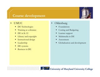 Course development
•  UMUC                         •  Oldenburg
      DE Technologies                 Foundations
      Training at a distance          Costing and Budgeting
      DE in K-12                      Learner support
      Library and copyright           Multimedia in DE
      Instructional design            Assessment
      Leadership                      Globalization and development
      DE systems
      Business in DE
 
