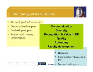 The Synergy of both partners

•    Technological infrastructure
•    Organizational support             Communication
•    Leadership support                     Diversity
•    Support and training           Recognition & Value in DE
     infrastructure                          Quality
                                           Autonomy
                                      Faculty development

                                           •  Research
                                           •  Historical involvement in
                                              DE
                                           •  Network of experts
 