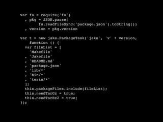 var fs = require('fs')
  , pkg = JSON.parse(
        fs.readFileSync('package.json').toString())
  , version = pkg.version

var t = new jake.PackageTask('jake', 'v' + version,
     function () {
  var fileList = [
     'Makefile'
  , 'Jakefile'
  , 'README.md'
  , 'package.json'
  , 'lib/*'
  , 'bin/*'
  , 'tests/*'
  ];
  this.packageFiles.include(fileList);
  this.needTarGz = true;
  this.needTarBz2 = true;
});
 