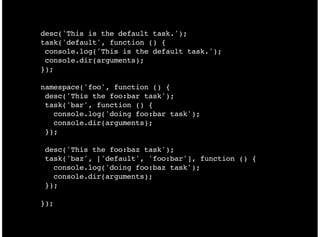 desc('This is the default task.');
task('default', function () {
 console.log('This is the default task.');
 console.dir(arguments);
});

namespace('foo', function () {
 desc('This the foo:bar task');
 task('bar', function () {
   console.log('doing foo:bar task');
   console.dir(arguments);
 });

desc('This the foo:baz task');
task('baz', ['default', 'foo:bar'], function () {
  console.log('doing foo:baz task');
  console.dir(arguments);
});

});
 