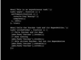 desc('This is an asynchronous task.');
task('async', function () {
 setTimeout(function () {
   console.log('Hooray!');
   complete();
 }, 1000);
}, true);

desc('Calls the foo:bar task and its dependencies.');
task('invokeFooBar', function () {
 // Calls foo:bar and its deps
 jake.Task['foo:bar'].invoke();
 // Does nothing
 jake.Task['foo:bar'].invoke();
 // Only re-runs foo:bar, but not its dependencies
 jake.Task['foo:bar'].reenable();
 jake.Task['foo:bar'].invoke();
});
 