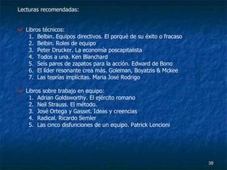 Libros técnicos: Belbin. Equipos directivos. El porqué de su éxito o fracaso Belbin. Roles de equipo Peter Drucker. La economía poscapitalista Todos a una. Ken Blanchard Seis pares de zapatos para la acción. Edward de Bono El líder resonante crea más. Goleman, Boyatzis & Mckee Las teorías implícitas. Maria José Rodrigo Libros sobre trabajo en equipo: Adrian Goldsworthy. El ejército romano Neil Strauss. El método. José Ortega y Gasset. Ideas y creencias Radical. Ricardo Semler Las cinco disfunciones de un equipo. Patrick Lencioni Lecturas recomendadas: 