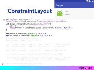 ConstraintLayout
customView<ConstraintLayout> {
layoutParams = ViewGroup.LayoutParams(matchParent, matchParent)
val constraintSet = ConstraintSet()
constraintSet.clone(this@customView)
constraintSet.connect(image.id, START, PARENT_ID, START, dip(16))
constraintSet.connect(image.id, TOP, PARENT_ID, TOP, dip(16))
constraintSet.connect(title.id, START, image.id, END, dip(16))
constraintSet.connect(subtitle.id, START, title.id, START)
constraintSet.createVerticalChain(image.id, TOP, image.id, BOTTOM
intArrayOf(title.id, subtitle.id), null, CHAIN_SPREAD)
constraintSet.applyTo(this@customView)
val image = imageView(R.mipmap.ic_launcher) {
id = 1
layoutParams = ConstraintLayout.LayoutParams(dip(68), dip(68))
}
val title = textView("Title") { id = 2 }
val subtitle = textView("Subtitle") { id = 3 }
}
 