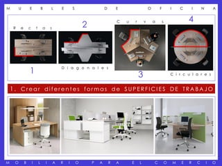 M        U       E               B       L       E       S                   D       E                       O       F           I       C       I       N       A


                                                                                                                                             4
                                                                 2
                                                                                     C   u       r       v       a       s
    R    e       c       t       a       s




                 1
                                                 D i a g o n a l e s

                                                                                                     3                           C i r c u l a r e s



    1. Crear diferentes formas de SUPERFICIES DE TRABAJO




M    O       B       I       L       I       A   R   I       O       P   A       R   A       E       L           C           O       M   E   R       C       I   O
 