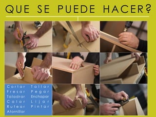 QUE SE PUEDE HACER?




C o r ta r     T a l l a r
F r e s a r    P e g a r
Taladrar       Enchapar
C a l a r      L i j a r
Rutear         P i n t a r
A tornill ar
 