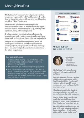 Project Partners (all years)
MezhyhiryaFest is an yearly investigative journalism
conference organized by MDF and Yanukovych Leaks,
held at Mezhyhirya, the residence of former Ukrainian
president Viktor Yanukovych.
The festival is split between a day of plenary
discussions and 1-2 days of masterclasses and expert
sessions focused on speciﬁc topics (e.g., working with
open data, using oﬀshore registries).
It brings together investigative journalists, media
professionals, policy makers, experts and researchers,
based both in Central and Eastern Europe and globally.
The goal is to discuss the most pressing issues for
investigative journalism, identify ways to address
challenges (incl. policy recommendations), exchange
know-how and best practices and create connections
for future cooperation.
“MezhyhiryaFest is not a classical
conference where people just talk
and listen.
It grew from a part-fun, part-serious
tradition of celebrating Journalism
Day (June 6) at Victor Yanukovych’s
residence when he was Ukraine’s
president: we came each year, but he
never showed up.
When Yanukovych ﬂed to Russia in
2014, we realized we can celebrate
our professional day in his residence.
It’s a lot of fun: nature, music, cool
people. But also tackling serious
issues with smart, progressive people
from Ukraine and around the world.
MezhyhiryaFest is a place to confront
some of the most pressing challenges
facing journalism – In a beautiful
setting with a unique background”
Key facts and ﬁgures
• First launched in 2014. Four events held so far,
with over 1,000 participants (5th conference
planned for June 2018)
• MF 2017 saw 350 participants from 19 countries
• Past participants have come from: OCCRP, ICIJ,
CNN, The New York Times, The Washington Post,
Novaya Gazeta and top Ukrainian investigative
newsrooms incl. RFERL, Slidstvo.info, Nashi Groshi,
and Ukrainska Pravda.
ANNUAL BUDGET:
$30-35 000 per festival
Anna Babinets,
Slidtsvo.info
co-founder,
MezhyhiryaFest
organizational
committee member
MezhyhiryaFest
11
 