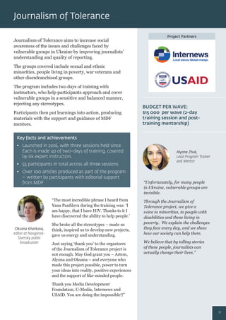 Project Partners
Journalism of Tolerance aims to increase social
awareness of the issues and challenges faced by
vulnerable groups in Ukraine by improving journalists’
understanding and quality of reporting.
The groups covered include sexual and ethnic
minorities, people living in poverty, war veterans and
other disenfranchised groups.
The program includes two days of training with
instructors, who help participants approach and cover
vulnerable groups in a sensitive and balanced manner,
rejecting any stereotypes.
Participants then put learnings into action, producing
materials with the support and guidance of MDF
mentors.
“The most incredible phrase I heard from
Yana Panﬁlova during the training was: ‘I
am happy, that I have HIV. Thanks to it I
have discovered the ability to help people.’
She broke all the stereotypes – made us
think, inspired us to develop new projects,
gave us energy and understanding.
Just saying ‘thank you’ to the organizers
of the Journalism of Tolerance project is
not enough. May God grant you – Artem,
Alyona and Oksana – and everyone who
made this project possible, power to turn
your ideas into reality, positive experiences
and the support of like-minded people.
Thank you Media Development
Foundation, U-Media, Internews and
USAID. You are doing the impossible!!”
“Unfortunately, for many people
in Ukraine, vulnerable groups are
invisible.
Through the Journalism of
Tolerance project, we give a
voice to minorities, to people with
disabilities and those living in
poverty. We explain the challenges
they face every day, and we show
how our society can help them.
We believe that by telling stories
of these people, journalists can
actually change their lives.”
Key facts and achievements
• Launched in 2016, with three sessions held since.
Each is made up of two-days of training, covered
by six expert instructors
• 55 participants in total across all three sessions
• Over 100 articles produced as part of the program
– written by participants with editorial support
from MDF
BUDGET PER WAVE:
$15 000 per wave (2-day
training session and post-
training mentorship)
Oksana Kharkova,
editor at Novgorod-
Siversky public
broadcaster
Alyona Zhuk,
Lead Program Trainer
and Mentor
Journalism of Tolerance
17
 