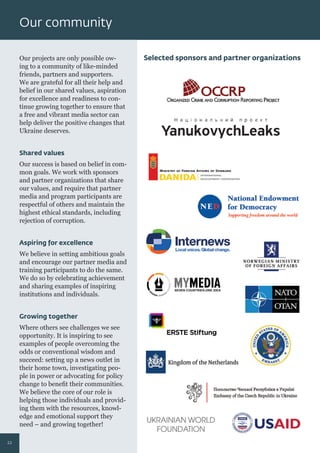 Our community
Selected sponsors and partner organizationsOur projects are only possible ow-
ing to a community of like-minded
friends, partners and supporters.
We are grateful for all their help and
belief in our shared values, aspiration
for excellence and readiness to con-
tinue growing together to ensure that
a free and vibrant media sector can
help deliver the positive changes that
Ukraine deserves.
Shared values
Our success is based on belief in com-
mon goals. We work with sponsors
and partner organizations that share
our values, and require that partner
media and program participants are
respectful of others and maintain the
highest ethical standards, including
rejection of corruption.
Aspiring for excellence
We believe in setting ambitious goals
and encourage our partner media and
training participants to do the same.
We do so by celebrating achievement
and sharing examples of inspiring
institutions and individuals.
Growing together
Where others see challenges we see
opportunity. It is inspiring to see
examples of people overcoming the
odds or conventional wisdom and
succeed: setting up a news outlet in
their home town, investigating peo-
ple in power or advocating for policy
change to beneﬁt their communities.
We believe the core of our role is
helping those individuals and provid-
ing them with the resources, knowl-
edge and emotional support they
need – and growing together!
22
 
