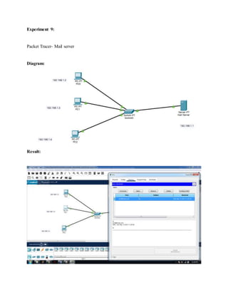 Experiment 9:
Packet Tracer- Mail server
Diagram:
Result:
 