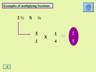 Examples of multiplying fractions 2 ½  X  ¼ 5 1 2 4 X 5 8 