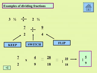Examples of dividing fractions 3  ½  2  ¼   7   4 2  9 x 28 18 KEEP SWITCH FLIP 7   9 2  4 1  5 9 1  10 18 