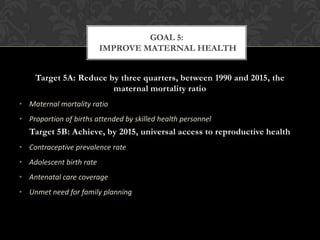 GOAL 5:
                          IMPROVE MATERNAL HEALTH


    Target 5A: Reduce by three quarters, between 1990 and 2015, the
                       maternal mortality ratio
• Maternal mortality ratio
• Proportion of births attended by skilled health personnel
   Target 5B: Achieve, by 2015, universal access to reproductive health
• Contraceptive prevalence rate
• Adolescent birth rate
• Antenatal care coverage
• Unmet need for family planning
 