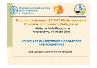 Programme triennal (2013-2016) de réponse à
l’invasion acridienne à Madagascar
Atelier de fin de Programme
Antananarivo, 14-16 juin 2016
Said Lagnaoui, Coordinateur de campagne
NOUVELLES PLATEFORMES D’OPÉRATIONS
ANTIACRIDIENNES
 