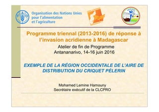 Programme triennal (2013-2016) de réponse à
l’invasion acridienne à Madagascar
Atelier de fin de Programme
Antananarivo, 14-16 juin 2016
Mohamed Lemine Hamouny
Secrétaire exécutif de la CLCPRO
EXEMPLE DE LA RÉGION OCCIDENTALE DE L’AIRE DE
DISTRIBUTION DU CRIQUET PÈLERIN
 