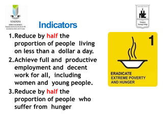 1.Reduce by half the
proportion of people living
on less than a dollar a day.
2.Achieve full and productive
employment and decent
work for all, including
women and young people.
3.Reduce by half the
proportion of people who
suffer from hunger
Indicators
 