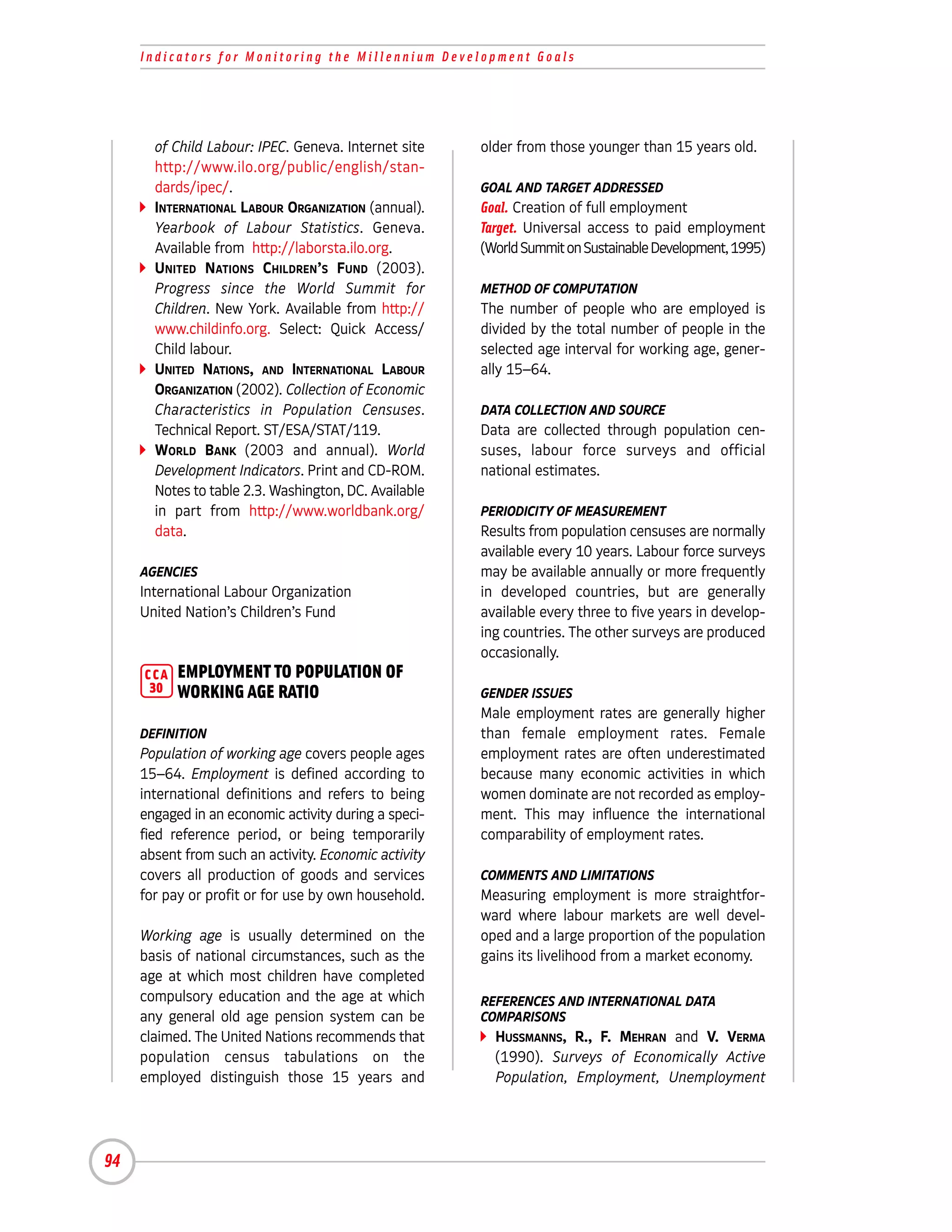 Indicators for Monitoring the Millennium Development Goals




       of Child Labour: IPEC. Geneva. Internet site    older from those younger than 15 years old.
       http://www.ilo.org/public/english/stan-
       dards/ipec/.                                    GOAL AND TARGET ADDRESSED
       INTERNATIONAL LABOUR ORGANIZATION (annual).     Goal. Creation of full employment
       Yearbook of Labour Statistics. Geneva.          Target. Universal access to paid employment
       Available from http://laborsta.ilo.org.         (World Summit on Sustainable Development, 1995)
       UNITED NATIONS CHILDREN’S FUND (2003).
       Progress since the World Summit for             METHOD OF COMPUTATION
       Children. New York. Available from http://      The number of people who are employed is
       www.childinfo.org. Select: Quick Access/        divided by the total number of people in the
       Child labour.                                   selected age interval for working age, gener-
       UNITED NATIONS, AND INTERNATIONAL LABOUR        ally 15–64.
       ORGANIZATION (2002). Collection of Economic
       Characteristics in Population Censuses.         DATA COLLECTION AND SOURCE
       Technical Report. ST/ESA/STAT/119.              Data are collected through population cen-
       WORLD BANK (2003 and annual). World             suses, labour force surveys and official
       Development Indicators. Print and CD-ROM.       national estimates.
       Notes to table 2.3. Washington, DC. Available
       in part from http://www.worldbank.org/          PERIODICITY OF MEASUREMENT
       data.                                           Results from population censuses are normally
                                                       available every 10 years. Labour force surveys
     AGENCIES                                          may be available annually or more frequently
     International Labour Organization                 in developed countries, but are generally
     United Nation’s Children’s Fund                   available every three to five years in develop-
                                                       ing countries. The other surveys are produced
                                                       occasionally.
     CCA   EMPLOYMENT TO POPULATION OF
      30   WORKING AGE RATIO                           GENDER ISSUES
                                                       Male employment rates are generally higher
     DEFINITION                                        than female employment rates. Female
     Population of working age covers people ages      employment rates are often underestimated
     15–64. Employment is defined according to         because many economic activities in which
     international definitions and refers to being     women dominate are not recorded as employ-
     engaged in an economic activity during a speci-   ment. This may influence the international
     fied reference period, or being temporarily       comparability of employment rates.
     absent from such an activity. Economic activity
     covers all production of goods and services       COMMENTS AND LIMITATIONS
     for pay or profit or for use by own household.    Measuring employment is more straightfor-
                                                       ward where labour markets are well devel-
     Working age is usually determined on the          oped and a large proportion of the population
     basis of national circumstances, such as the      gains its livelihood from a market economy.
     age at which most children have completed
     compulsory education and the age at which         REFERENCES AND INTERNATIONAL DATA
     any general old age pension system can be         COMPARISONS
     claimed. The United Nations recommends that         HUSSMANNS, R., F. MEHRAN and V. VERMA
     population census tabulations on the                (1990). Surveys of Economically Active
     employed distinguish those 15 years and             Population, Employment, Unemployment




94
 