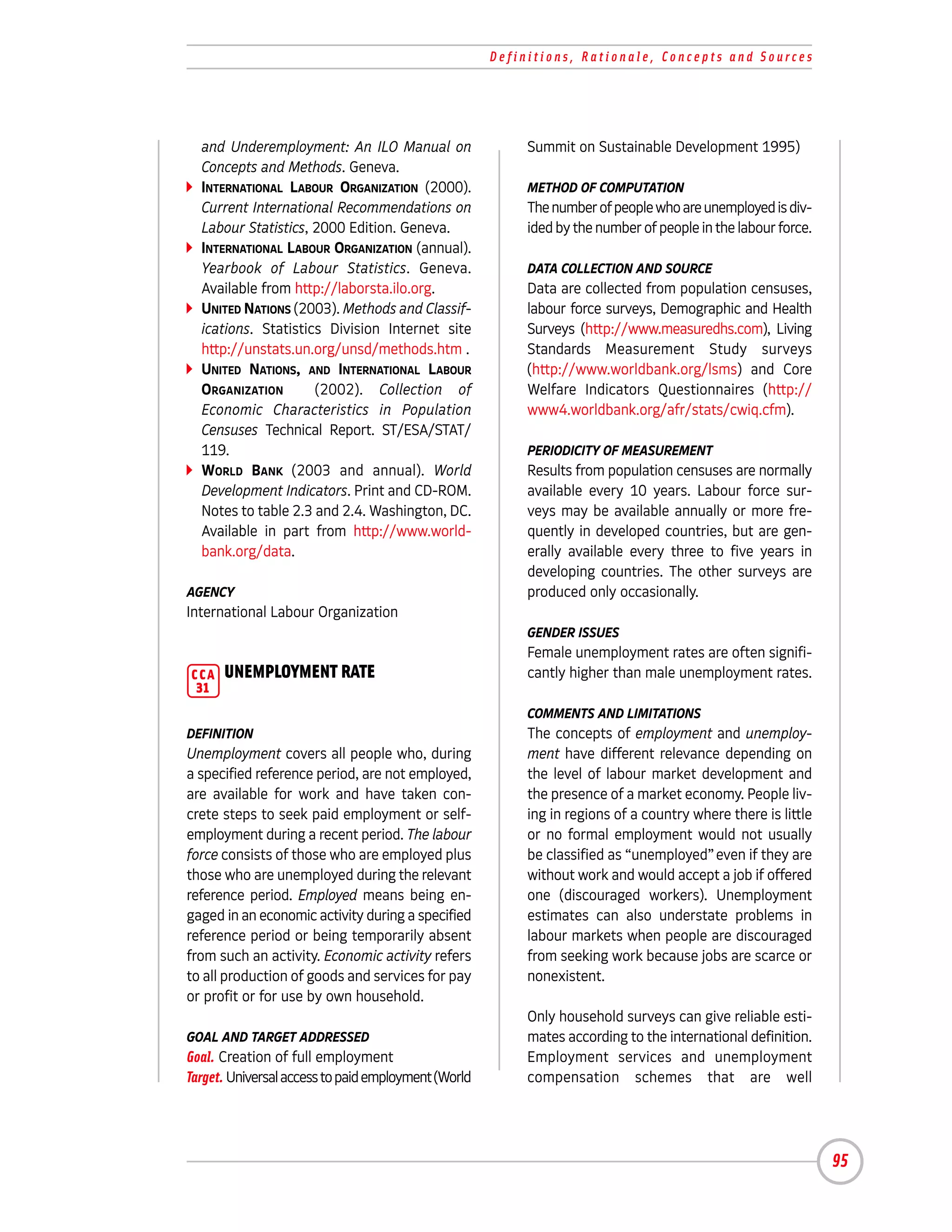 Definitions, Rationale, Concepts and Sources




  and Underemployment: An ILO Manual on                   Summit on Sustainable Development 1995)
  Concepts and Methods. Geneva.
  INTERNATIONAL LABOUR ORGANIZATION (2000).               METHOD OF COMPUTATION
  Current International Recommendations on                The number of people who are unemployed is div-
  Labour Statistics, 2000 Edition. Geneva.                ided by the number of people in the labour force.
  INTERNATIONAL LABOUR ORGANIZATION (annual).
  Yearbook of Labour Statistics. Geneva.                  DATA COLLECTION AND SOURCE
  Available from http://laborsta.ilo.org.                 Data are collected from population censuses,
  UNITED NATIONS (2003). Methods and Classif-             labour force surveys, Demographic and Health
  ications. Statistics Division Internet site             Surveys (http://www.measuredhs.com), Living
  http://unstats.un.org/unsd/methods.htm .                Standards Measurement Study surveys
  UNITED NATIONS, AND INTERNATIONAL LABOUR                (http://www.worldbank.org/lsms) and Core
  ORGANIZATION       (2002). Collection of                Welfare Indicators Questionnaires (http://
  Economic Characteristics in Population                  www4.worldbank.org/afr/stats/cwiq.cfm).
  Censuses Technical Report. ST/ESA/STAT/
  119.                                                    PERIODICITY OF MEASUREMENT
  WORLD BANK (2003 and annual). World                     Results from population censuses are normally
  Development Indicators. Print and CD-ROM.               available every 10 years. Labour force sur-
  Notes to table 2.3 and 2.4. Washington, DC.             veys may be available annually or more fre-
  Available in part from http://www.world-                quently in developed countries, but are gen-
  bank.org/data.                                          erally available every three to five years in
                                                          developing countries. The other surveys are
AGENCY                                                    produced only occasionally.
International Labour Organization
                                                          GENDER ISSUES
                                                          Female unemployment rates are often signifi-
CCA   UNEMPLOYMENT RATE                                   cantly higher than male unemployment rates.
 31
                                                          COMMENTS AND LIMITATIONS
DEFINITION                                                The concepts of employment and unemploy-
Unemployment covers all people who, during                ment have different relevance depending on
a specified reference period, are not employed,           the level of labour market development and
are available for work and have taken con-                the presence of a market economy. People liv-
crete steps to seek paid employment or self-              ing in regions of a country where there is little
employment during a recent period. The labour             or no formal employment would not usually
force consists of those who are employed plus             be classified as “unemployed” even if they are
those who are unemployed during the relevant              without work and would accept a job if offered
reference period. Employed means being en-                one (discouraged workers). Unemployment
gaged in an economic activity during a specified          estimates can also understate problems in
reference period or being temporarily absent              labour markets when people are discouraged
from such an activity. Economic activity refers           from seeking work because jobs are scarce or
to all production of goods and services for pay           nonexistent.
or profit or for use by own household.
                                                          Only household surveys can give reliable esti-
GOAL AND TARGET ADDRESSED                                 mates according to the international definition.
Goal. Creation of full employment                         Employment services and unemployment
Target. Universal access to paid employment (World        compensation schemes that are well




                                                                                                              95
 
