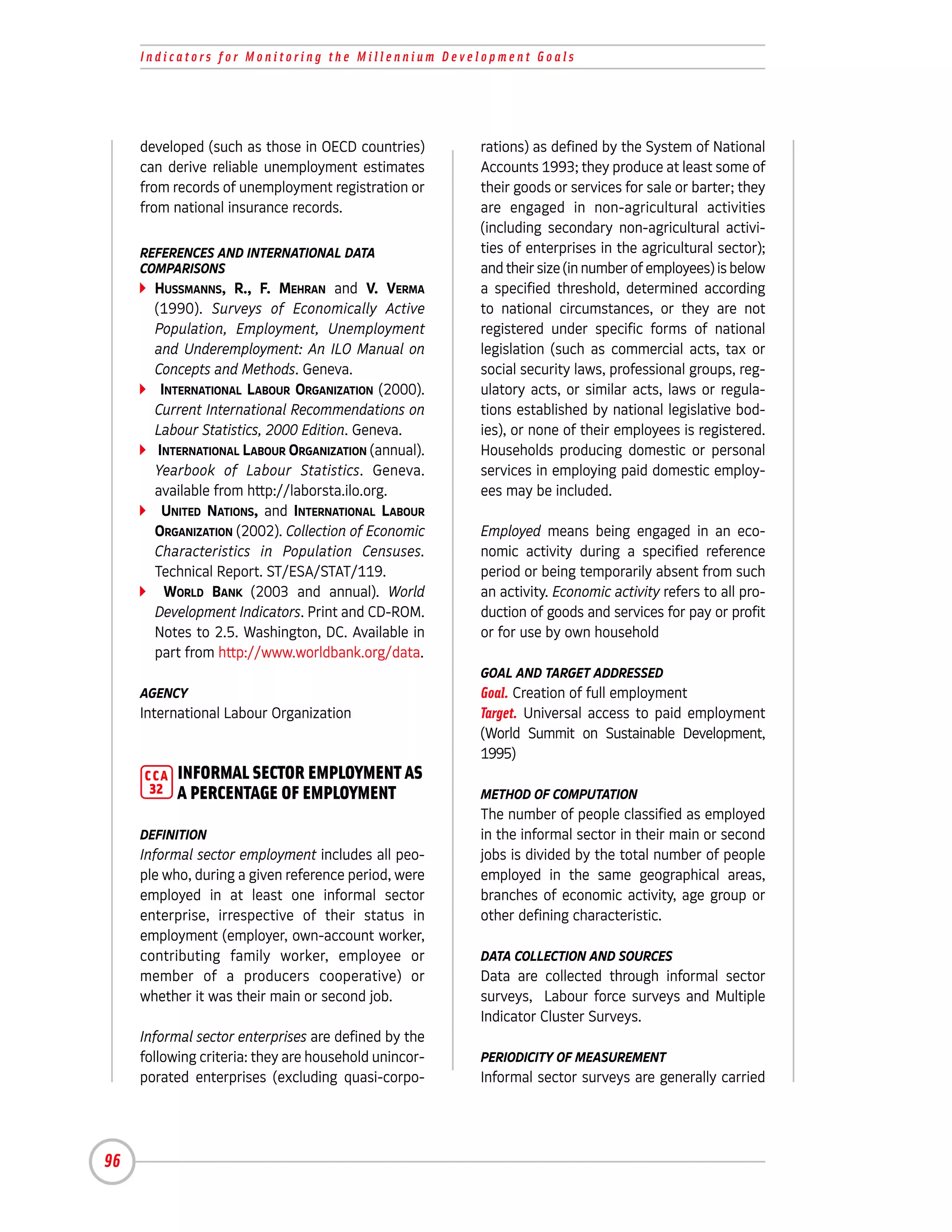Indicators for Monitoring the Millennium Development Goals




     developed (such as those in OECD countries)       rations) as defined by the System of National
     can derive reliable unemployment estimates        Accounts 1993; they produce at least some of
     from records of unemployment registration or      their goods or services for sale or barter; they
     from national insurance records.                  are engaged in non-agricultural activities
                                                       (including secondary non-agricultural activi-
     REFERENCES AND INTERNATIONAL DATA                 ties of enterprises in the agricultural sector);
     COMPARISONS                                       and their size (in number of employees) is below
       HUSSMANNS, R., F. MEHRAN and V. VERMA           a specified threshold, determined according
       (1990). Surveys of Economically Active          to national circumstances, or they are not
       Population, Employment, Unemployment            registered under specific forms of national
       and Underemployment: An ILO Manual on           legislation (such as commercial acts, tax or
       Concepts and Methods. Geneva.                   social security laws, professional groups, reg-
         INTERNATIONAL LABOUR ORGANIZATION (2000).     ulatory acts, or similar acts, laws or regula-
       Current International Recommendations on        tions established by national legislative bod-
       Labour Statistics, 2000 Edition. Geneva.        ies), or none of their employees is registered.
        INTERNATIONAL LABOUR ORGANIZATION (annual).    Households producing domestic or personal
       Yearbook of Labour Statistics. Geneva.          services in employing paid domestic employ-
       available from http://laborsta.ilo.org.         ees may be included.
         UNITED NATIONS, and INTERNATIONAL LABOUR
       ORGANIZATION (2002). Collection of Economic     Employed means being engaged in an eco-
       Characteristics in Population Censuses.         nomic activity during a specified reference
       Technical Report. ST/ESA/STAT/119.              period or being temporarily absent from such
          WORLD BANK (2003 and annual). World          an activity. Economic activity refers to all pro-
       Development Indicators. Print and CD-ROM.       duction of goods and services for pay or profit
       Notes to 2.5. Washington, DC. Available in      or for use by own household
       part from http://www.worldbank.org/data.
                                                       GOAL AND TARGET ADDRESSED
     AGENCY                                            Goal. Creation of full employment
     International Labour Organization                 Target. Universal access to paid employment
                                                       (World Summit on Sustainable Development,
                                                       1995)
     CCA   INFORMAL SECTOR EMPLOYMENT AS
      32   A PERCENTAGE OF EMPLOYMENT                  METHOD OF COMPUTATION
                                                       The number of people classified as employed
     DEFINITION                                        in the informal sector in their main or second
     Informal sector employment includes all peo-      jobs is divided by the total number of people
     ple who, during a given reference period, were    employed in the same geographical areas,
     employed in at least one informal sector          branches of economic activity, age group or
     enterprise, irrespective of their status in       other defining characteristic.
     employment (employer, own-account worker,
     contributing family worker, employee or           DATA COLLECTION AND SOURCES
     member of a producers cooperative) or             Data are collected through informal sector
     whether it was their main or second job.          surveys, Labour force surveys and Multiple
                                                       Indicator Cluster Surveys.
     Informal sector enterprises are defined by the
     following criteria: they are household unincor-   PERIODICITY OF MEASUREMENT
     porated enterprises (excluding quasi-corpo-       Informal sector surveys are generally carried




96
 